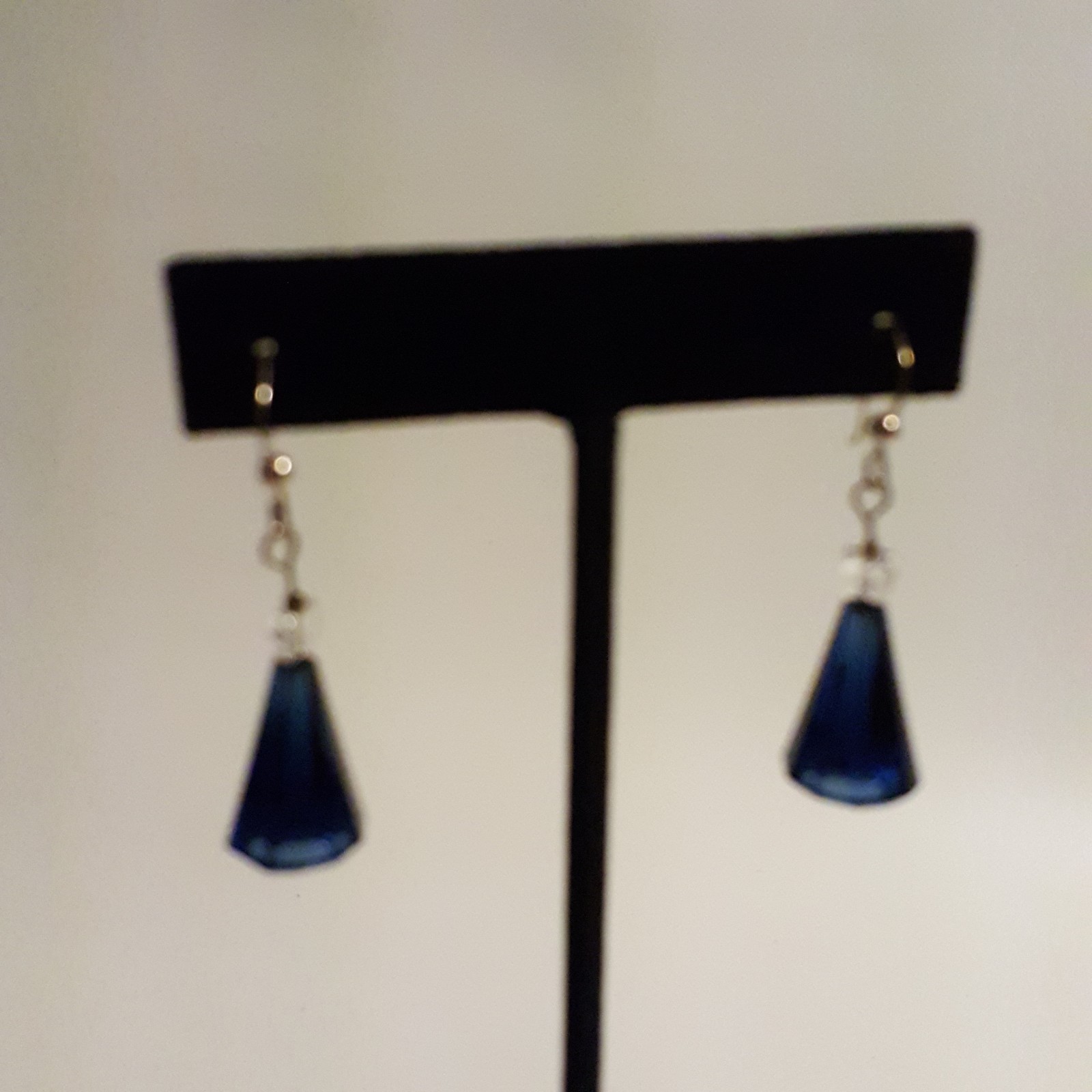 Sterling Silver .925 Blue Cone Glass Dangle Earrings Pierced