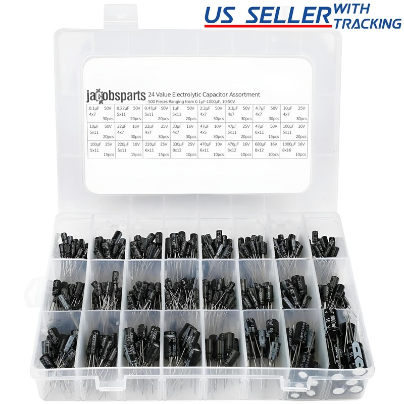 500pc Radial Electrolytic Capacitor Assortment Kit 24 Value 0.1uF-1000uF 10V-50V