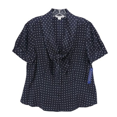 NWT PENDLETON Navy Blue White Dot Silk Blend Blouse Neck Tie PETITE 12