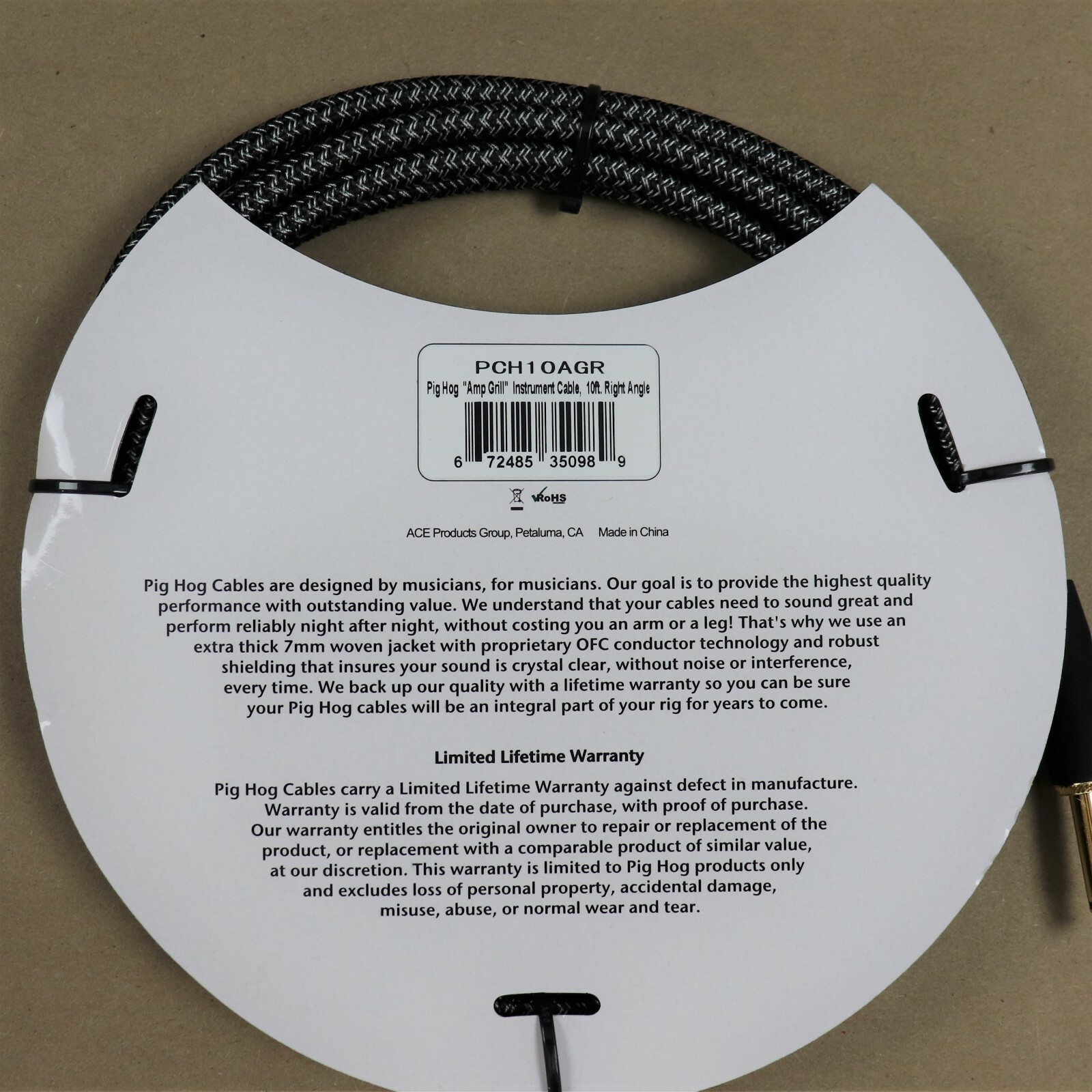 Pig Hog 10 Right Angle Vintage Woven Instrument Guitar Cable 10ft Amp Grill GRAY