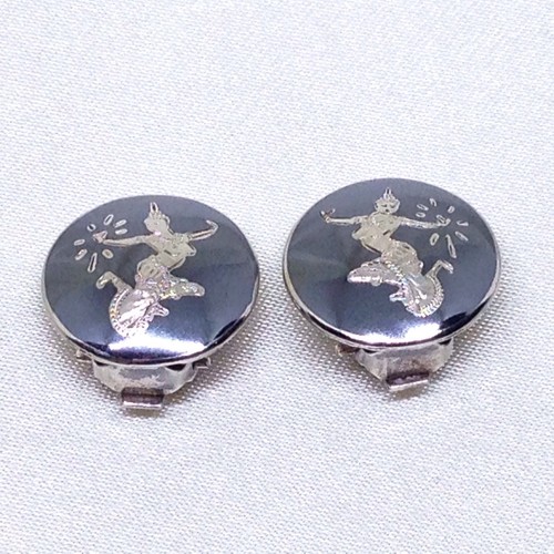 VTG “Mekkala Goddess of Lightening” Siam Silver Niello Thailand Clip Earrings