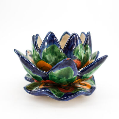 Vintage Talavera Alba Puebla Art Pottery Artichoke Lotus Candle Holder Mexico