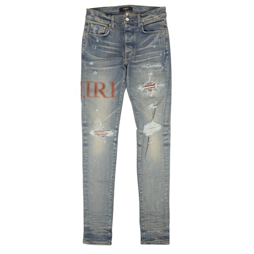 Pre-owned Amiri Leather Stitch Logo Jean Clay Indigo Straight-fit Jeans Size 31 $1490