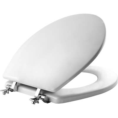 Edgewater Round Enameled Wood Toilet Seat in White Never Looosens Chrome Metal 