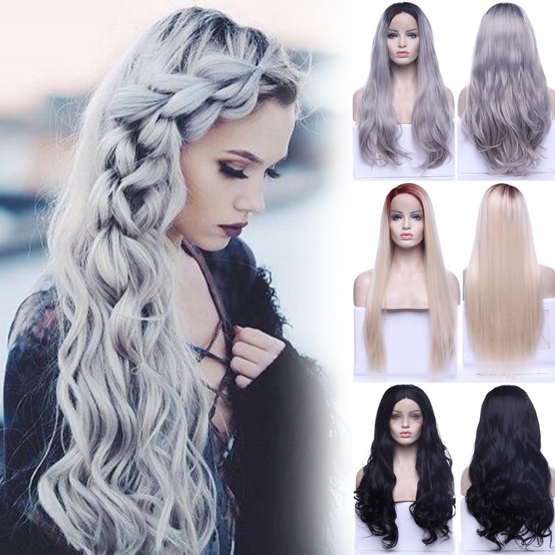 Details About Lace Front Wig Synthetic Hair Ombre Grey Blonde Black Straight Curly Wave Wigs