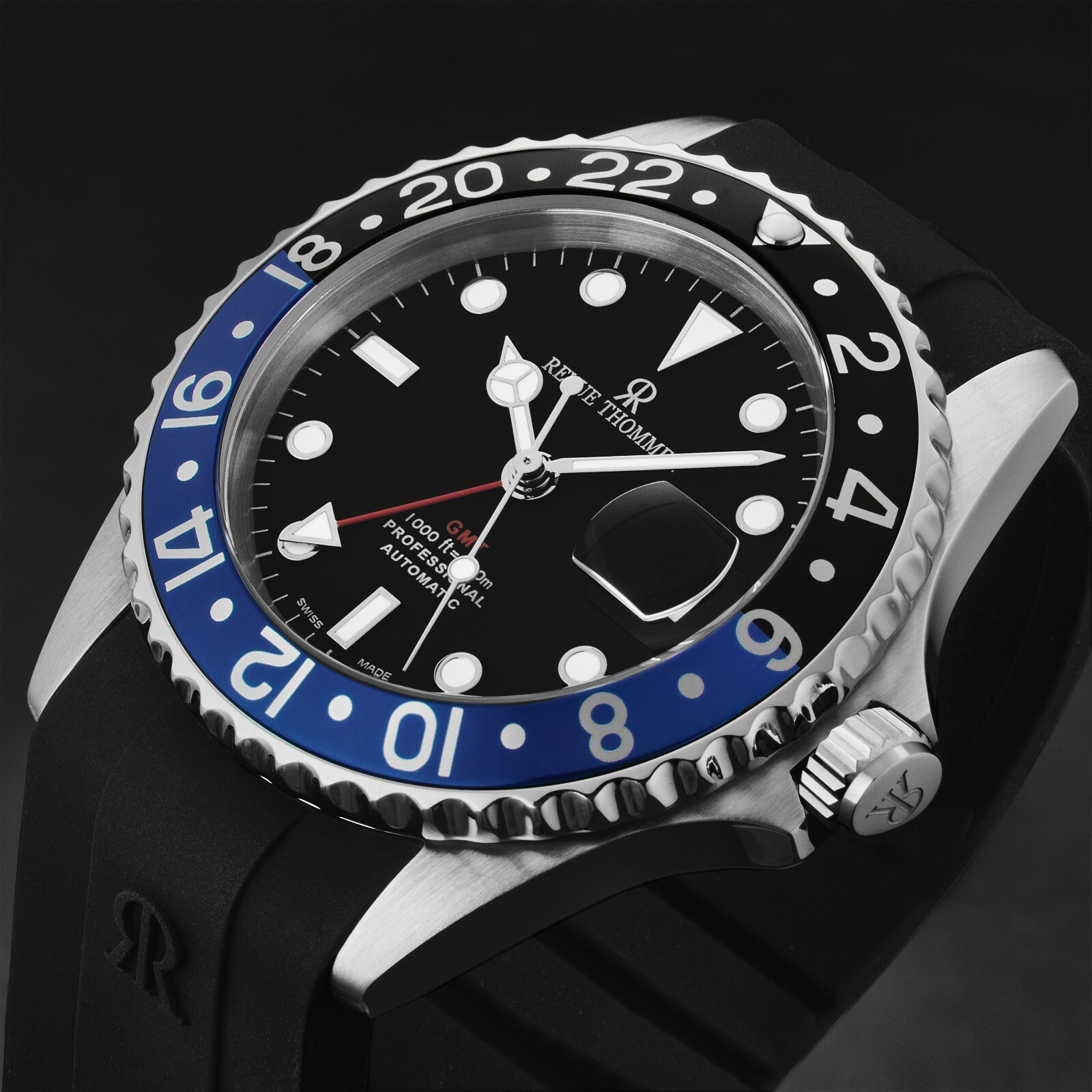 Pre-owned Revue Thommen Men's Diver Black Dial Black & Blue Gmt Bezel Automatic 17572.2833