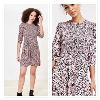 BNWT OASIS Pink Leopard Print Smocked Skater Dress S 10 £48!