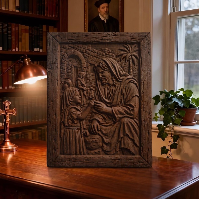 Jesus Blessing a Child Wooden Carved Handmade Christian Icon | Byzantine Decor