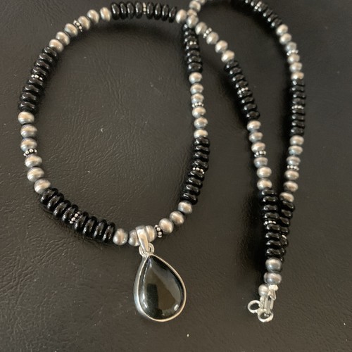 Pre-owned Handmade Mens Black Onyx Pendant Navajo Pearls Sterling Silver Necklace 11906