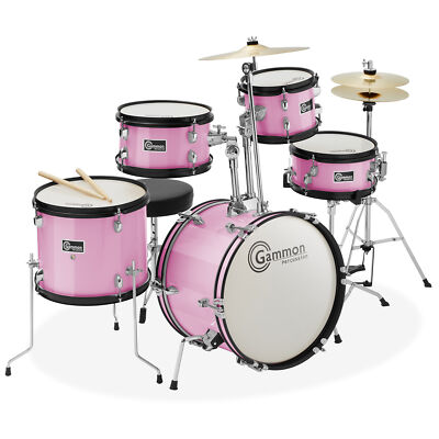 OPEN BOX - 5-Piece Junior Drum Set, Beginner Kit w/ Stool, Stands - Pink