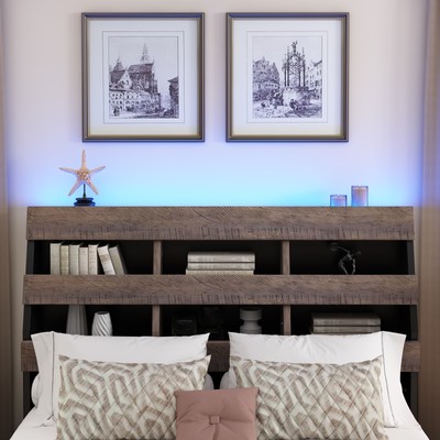 Mid Century Modern Queen Bed Frame Fits with Bookshelf, LED Lights & USB