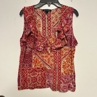 Lauren Ralph Lauren Tank Top Womens Large L Pink Orange Geometric Ruffle