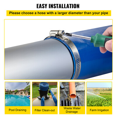 VEVOR Discharge Hose 2"x 105' PVC Lay Flat Hose Backwash Drain Hose w/ Clamp