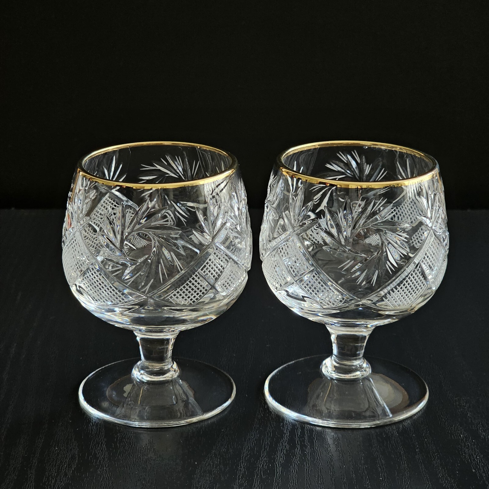 5oz Russian Cut Vintage Crystal Glasses Brandy Snifters with Gold Rim (Set of 2)