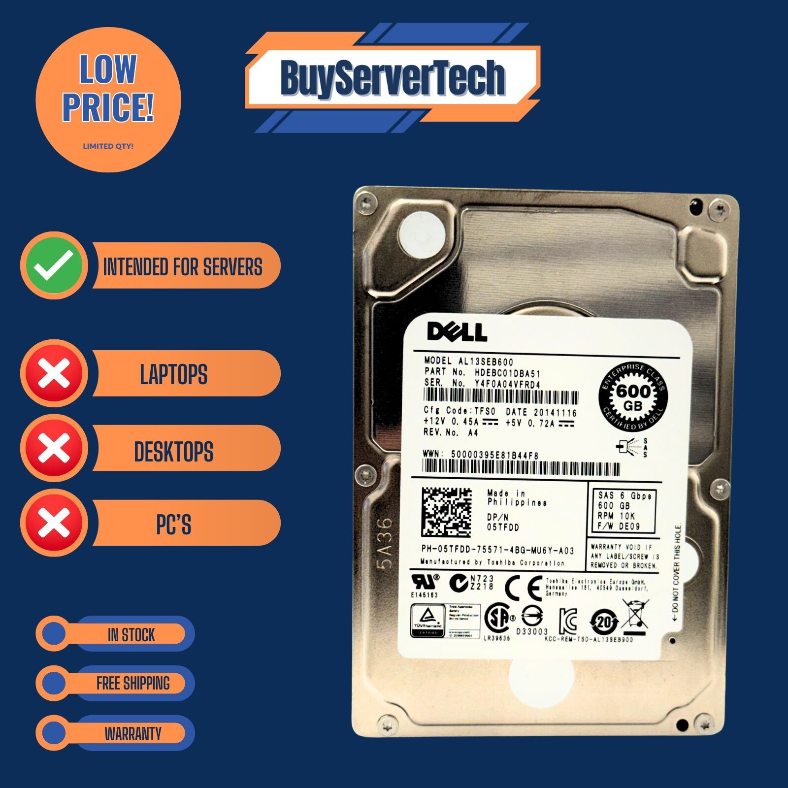 90日保証/再生品】5TFDD DELL 05TFDD 600GB 6G 10K 2.5 SFF SAS