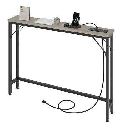 Narrow Console Table with Outlet Sofa Table w/ Charging Station Rustic Grey