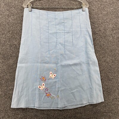 Sisley Linen Skirt Womens Size 12 Blue A-Line Butterfly Embroidered Boho Modest