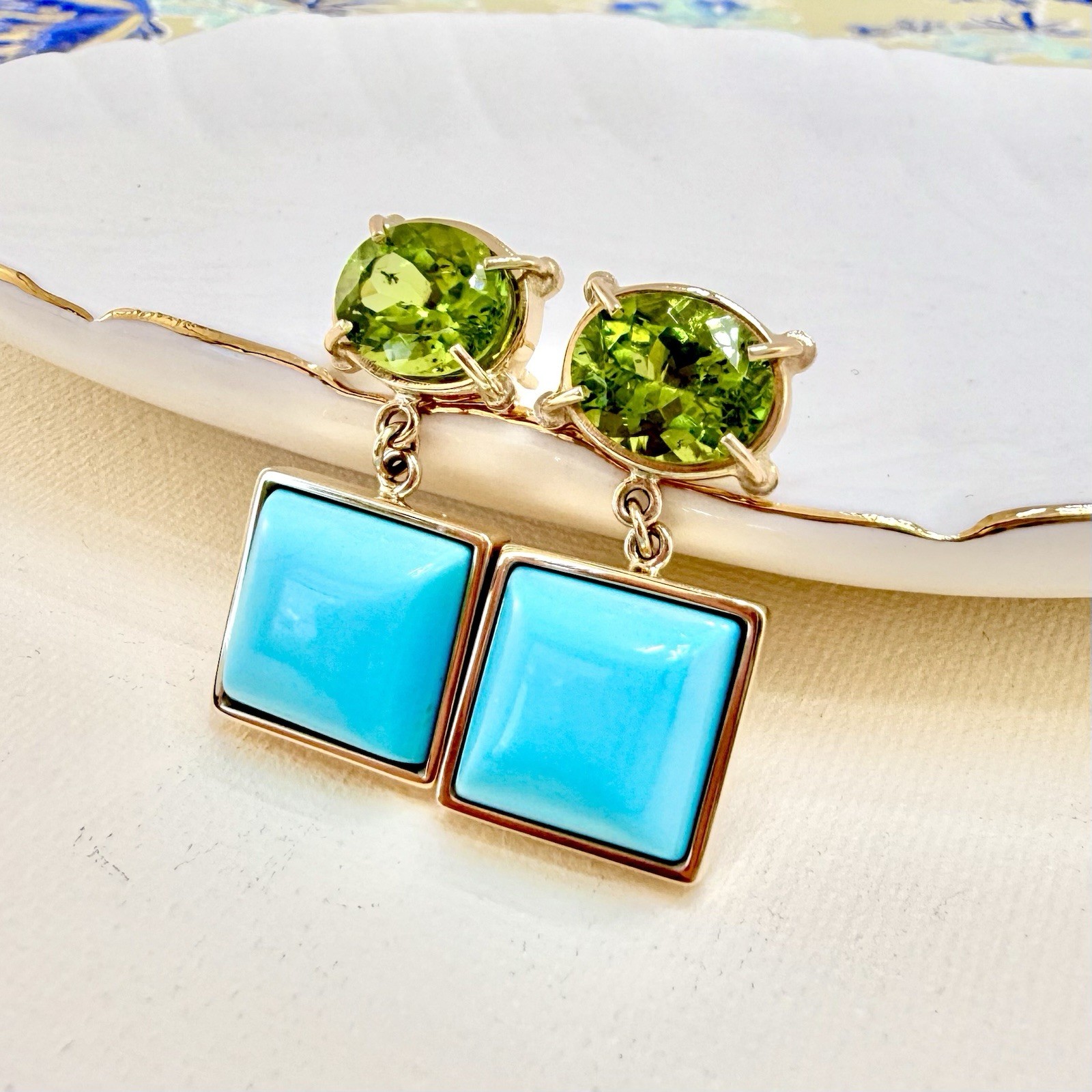 14k Yellow Gold Genuine Peridot & American Turquoise Statement Earrings, New - Picture 9 of 12