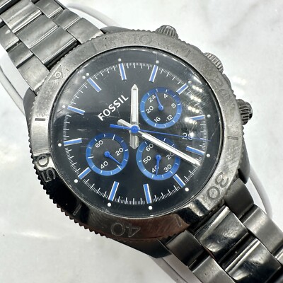 Fossil CH2869 Men's Watch Chrono Black Dial Smoke Ion Plated New Battery Sz 7.8 