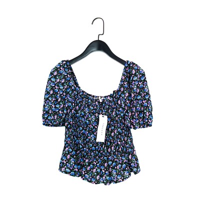Topshop Blue Pink Floral Tiered Shirred Cropped Puff Sleeve Blouse - Size 10 NEW