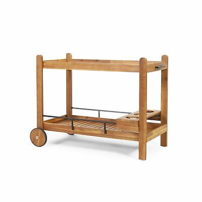Bonneau Outdoor Acacia Wood 2 Tiered Bar Cart with Bottle Holders, Teak and Blac