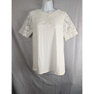 Adrianna Papell Womens White Crochet Lace Yoke Short Sleeve Top AD1S300416 Small