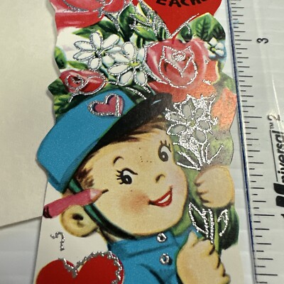 Vtg UNUSED Valentine s Day Card W/Env SS Boy MCM Bell Hop Teacher Glitter Roses