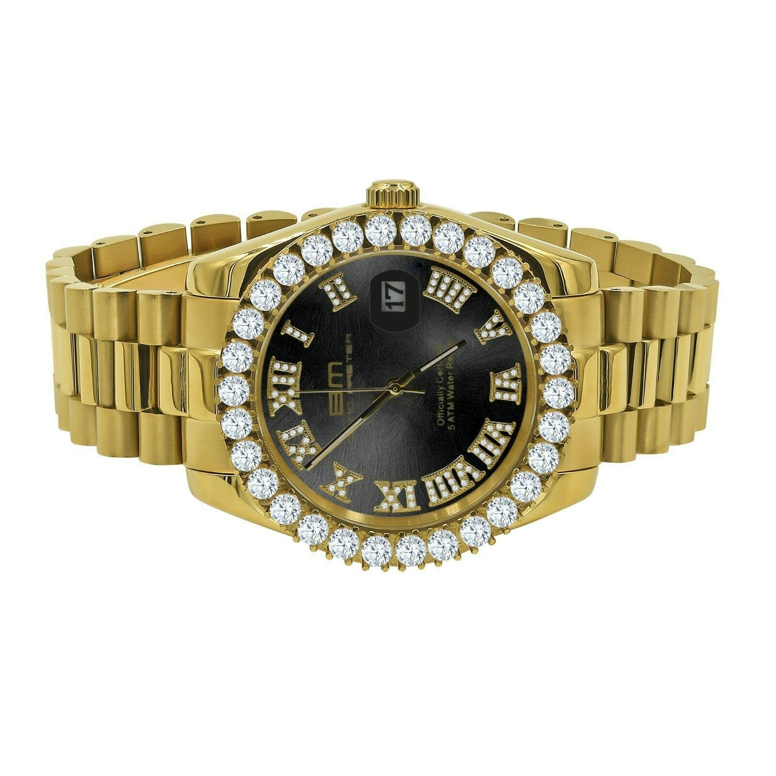 Pre-owned Bling Master Solid Steel Black Dial 18k Gold Simulated Diamonds Presidential 42mm Men's Watch