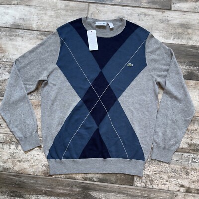 LACOSTE Pullover Golf Sweater Crew Neck Argyle Diamond Men s Sz 4 M Blue NWT New