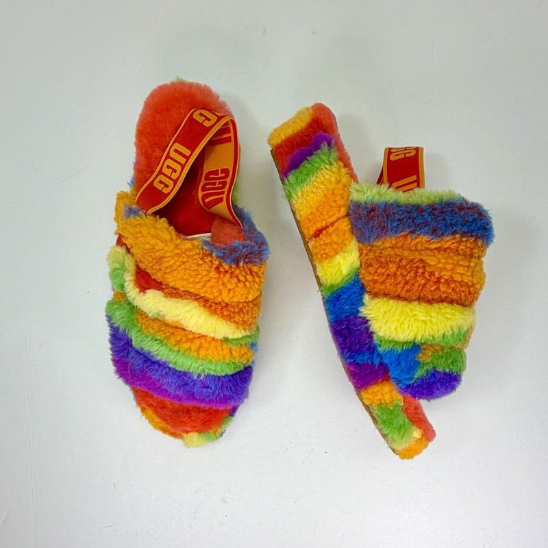 UGG Fluff Yeah Cali Collage Rainbow Faux Fur Platform Slide Slippers