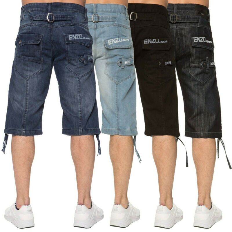 Enzo Mens Denim Shorts Regular Fit Designer Pockets Straight Leg Half Pants
