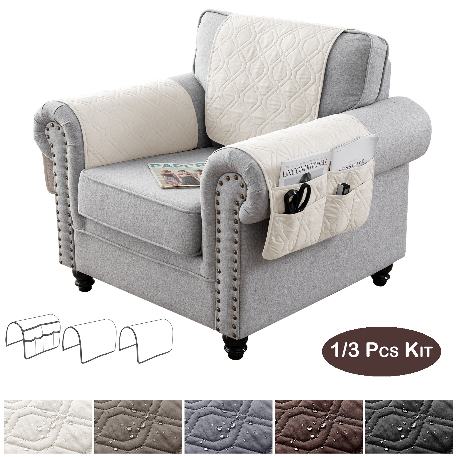 Waterproof Quilted Sofa Couch Armcover with Storage Bag Armr