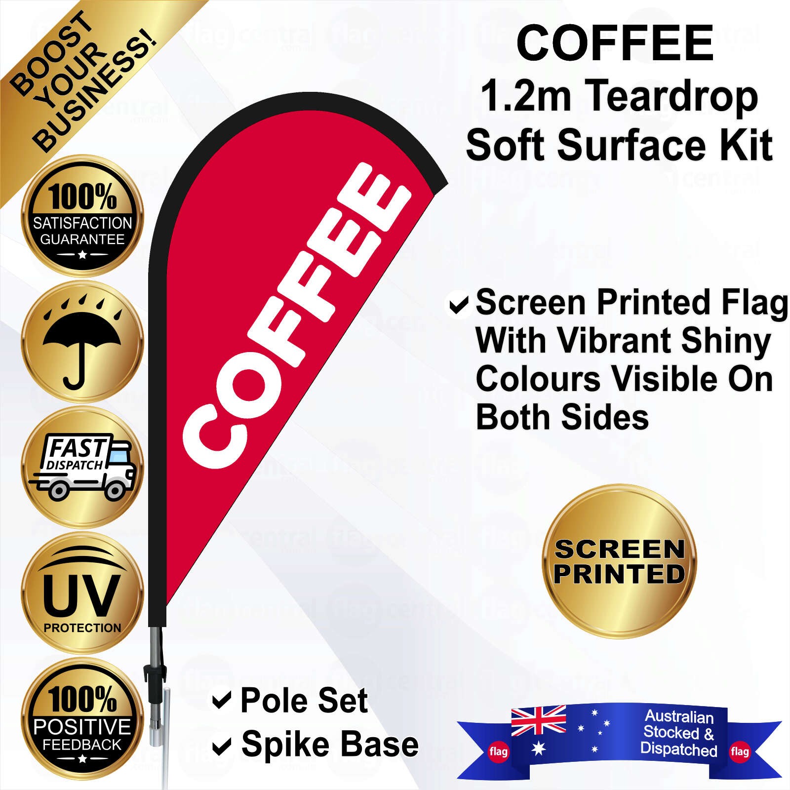 COFFEE Red 1.2m Teardrop Flag / Banner Kit with Pole Set and a Galvanised Steel Ground Spike