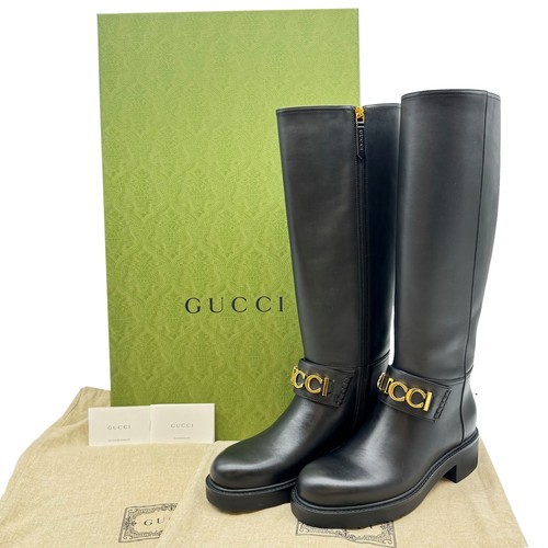 Auth GUCCI Logo Unused Long Leather Boots Size:37 US:7
