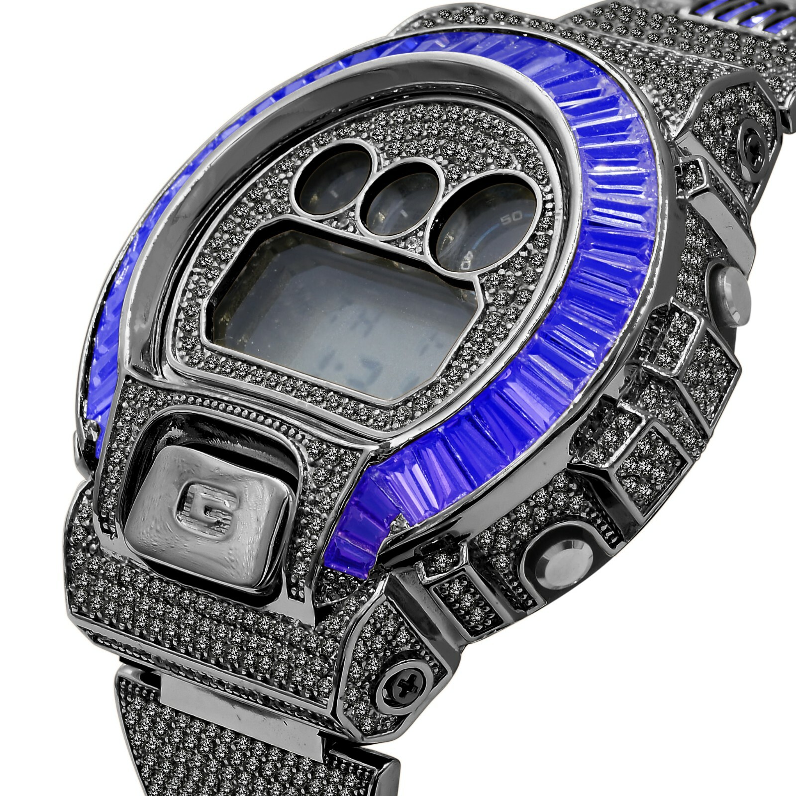 Pre-owned Icy Authentic Blue Sapphire Baguettes On Black Gold Casio G-shock Dw-6900 Watch