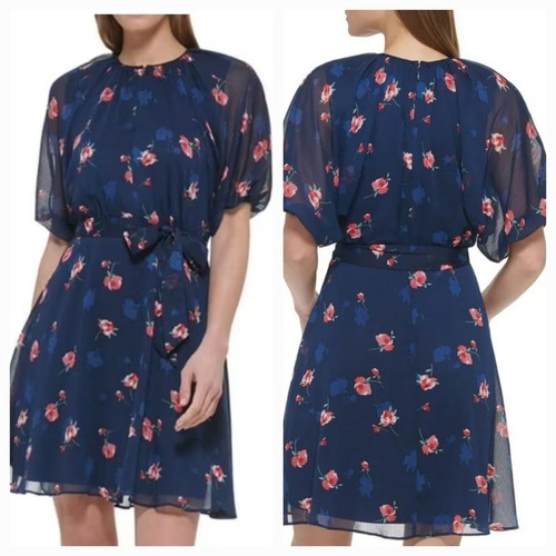 新品　DKNY　US4　9～11号　ドレス　ワンピース　紺　ネイビー　花柄 新品 DKNY US4 9～11号 ドレス ワンピース 紺 ネイビー 花柄