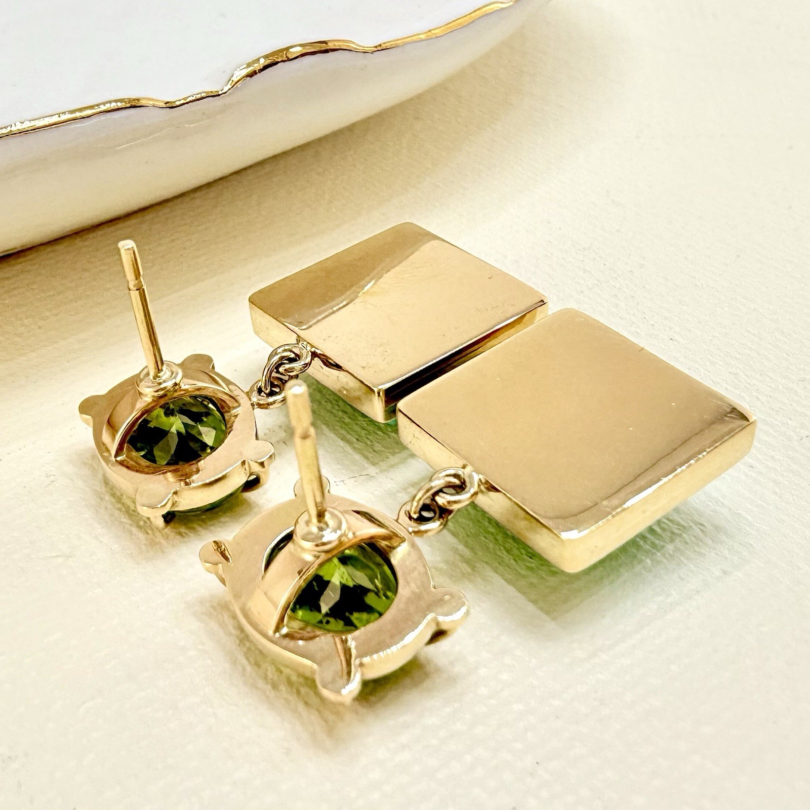 14k Yellow Gold Genuine Peridot & American Turquoise Statement Earrings, New - Picture 6 of 12