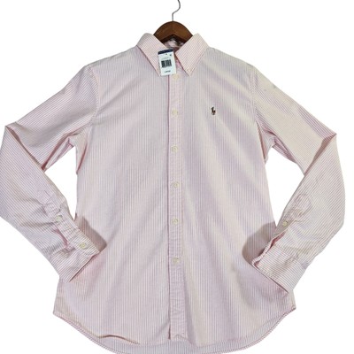 Ralph Lauren Button Down Shirt Women's Large Pink White Custom Fit