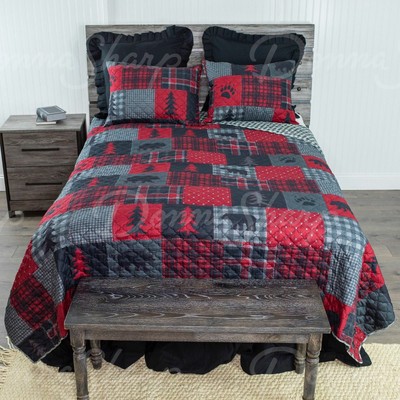 Donna Sharp Red Forest Bear Quilted Rustic Country Queen 3-Piece Bedding Set