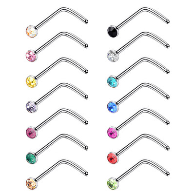 14pcs Surgical Steel Nose Stud Ring L-Shape Screw Bone Studs 2MM CZ Piercing 20G