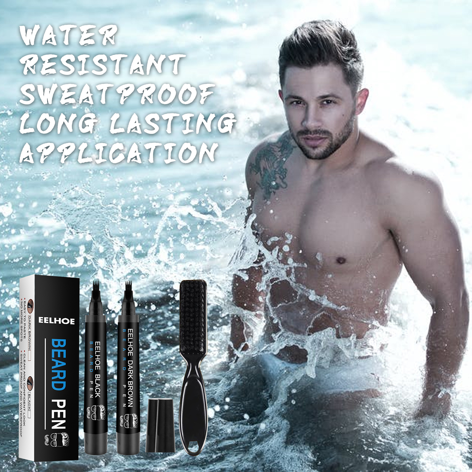 2 × Men Beard Filling Pen Hair Grower Filler Moustache Eyebrow Brush Tool Kit US