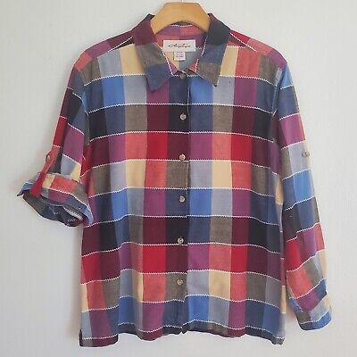 Vintage Angelique Top Large Multicolor Check Long Roll Tab Sleeve Button Up