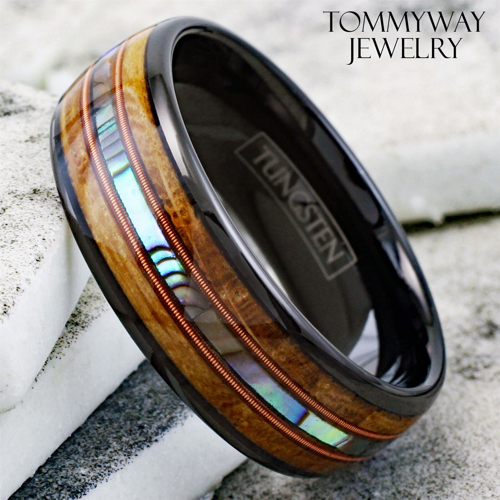 6/8mm Black Tungsten Whiskey Barrel Wood Abalone & Dual Guitar String Men's Ring