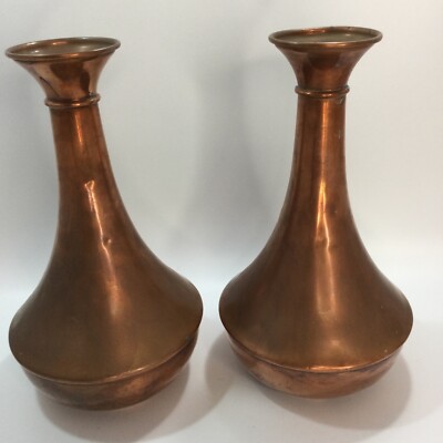 Antique Arts & Crafts Craftsman Copper Vases Pair of 10'' Trumpet Shaped