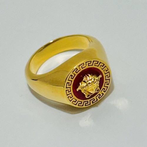 Pre-owned Versace Enamel Medusa Head Greca Engraved Gold Tone Ring Size It 19/ Us 8.5