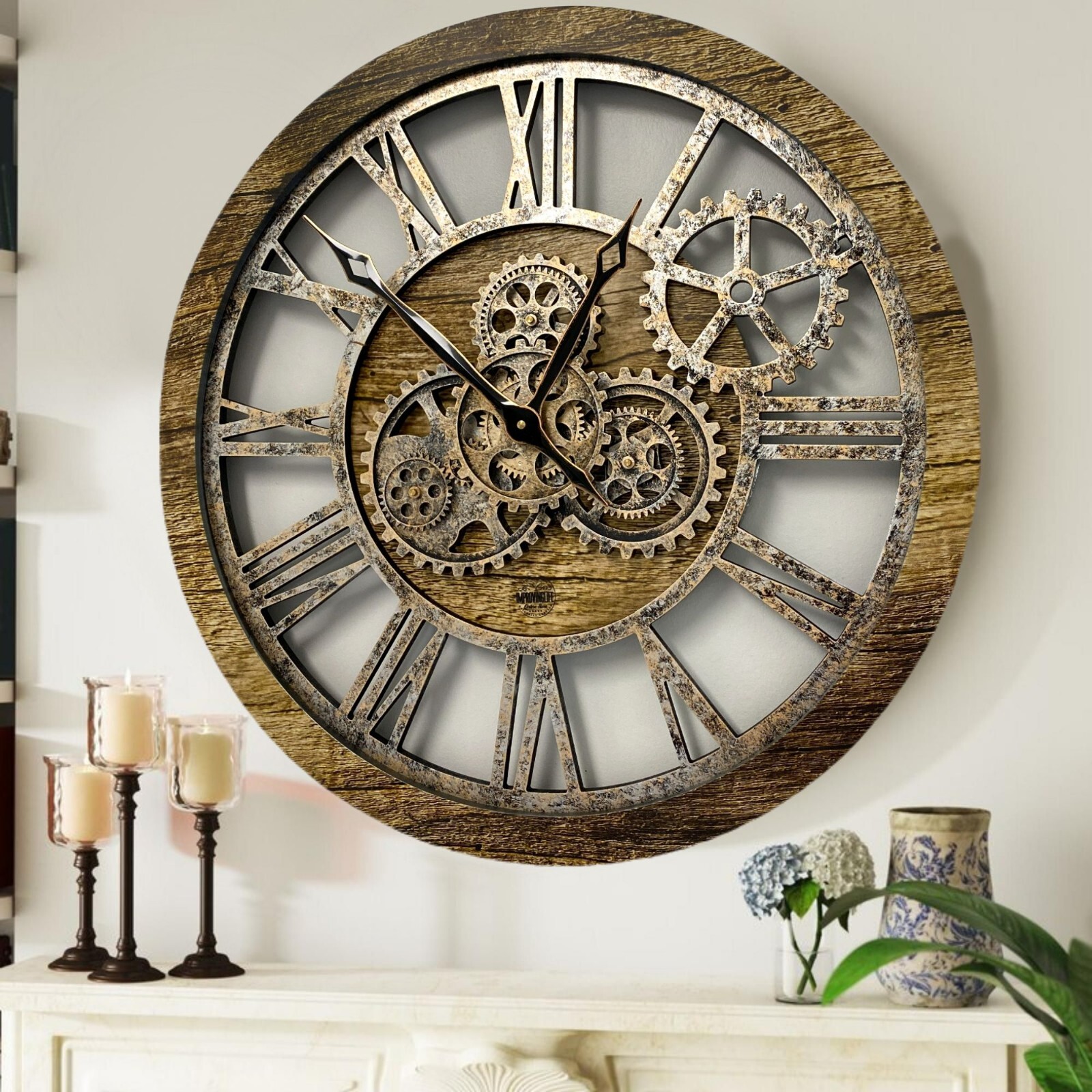 S Clock 24'' Inch Real Moving Gear Wall Clock Gold Antique