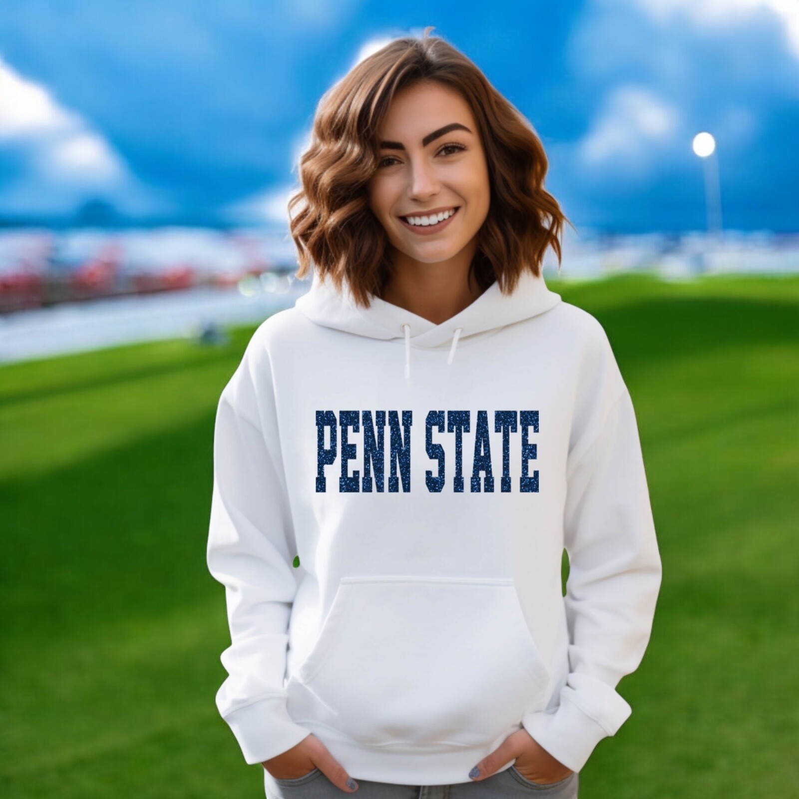 Penn State Glitter Hoodie for Women, Football, White Navy