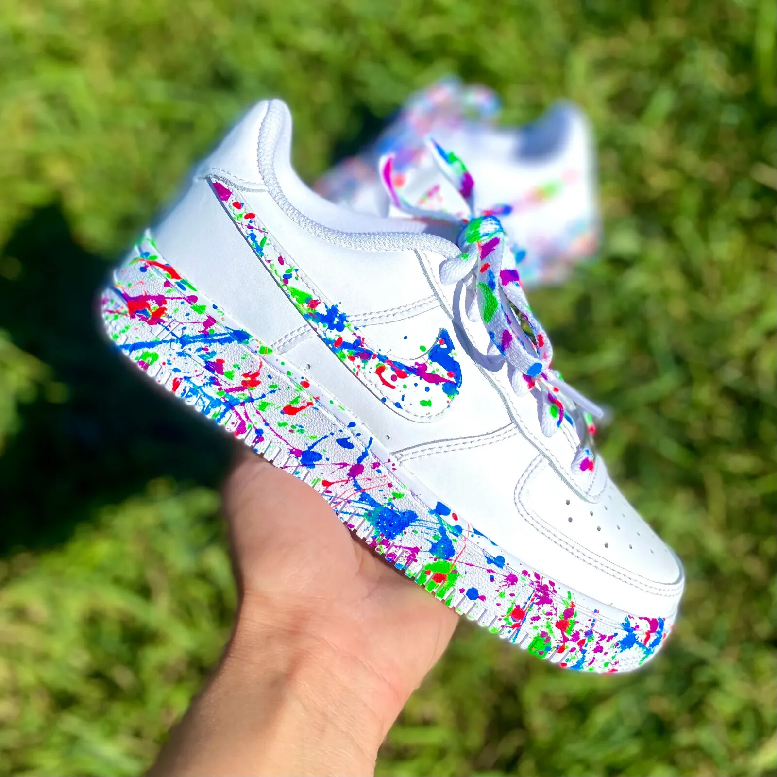 NIKE AIR FORCE 1 CUSTOM WHITE SHOES 'SPLATTER NEON GLOW' COOL LACES MENS WOMENS