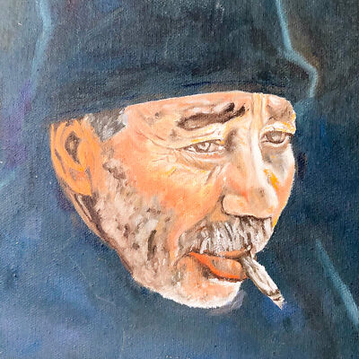 Vtg Original Painting Man w/ Beard Smoking Signed Bearded Gallery Wall Art