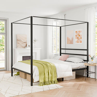 Queen Size Canopy Bed Frame Sturdy w/ Built-in Headboard Under Bed Storage Space